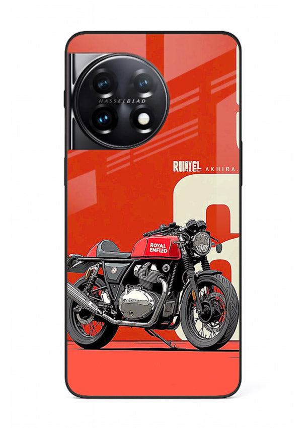 Red retro motorcycle artwork on glossy tempered glass OnePlus 11 back cover