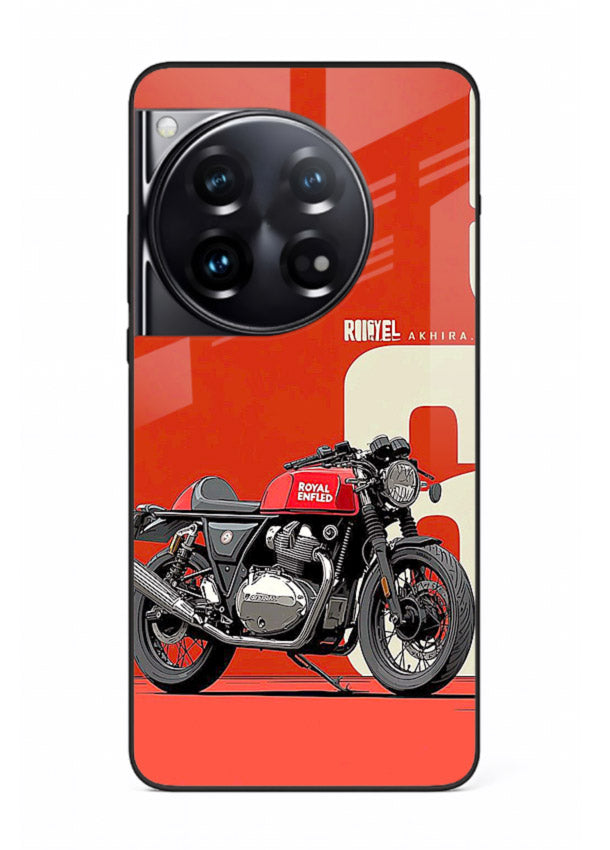 Red retro motorcycle artwork on glossy tempered glass OnePlus 12 back cover