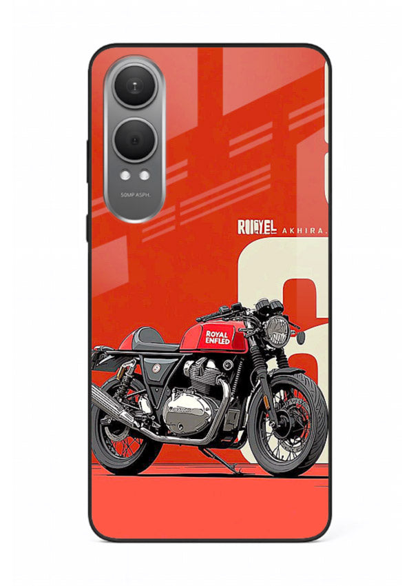 Red retro motorcycle artwork on glossy tempered glass OnePlus Nord CE4 Lite back cover