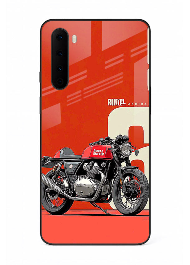 Red retro motorcycle artwork on glossy tempered glass OnePlus Nord back cover