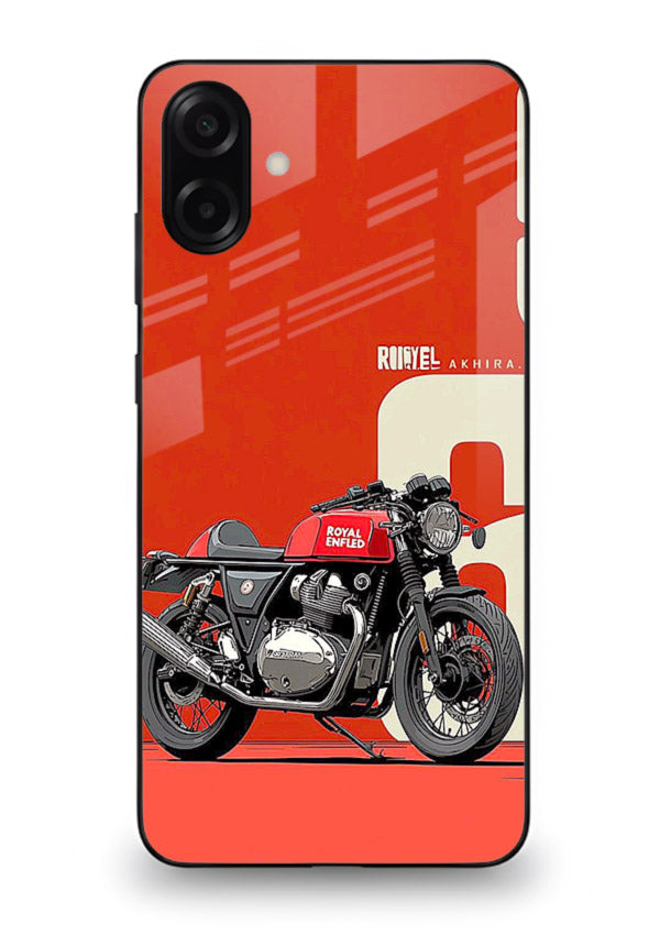 Red retro motorcycle artwork on glossy tempered glass Samsung A06 5G back cover