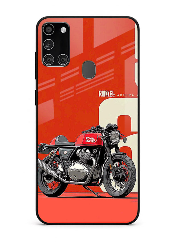 Red retro motorcycle artwork on glossy tempered glass Samsung A21s back cover