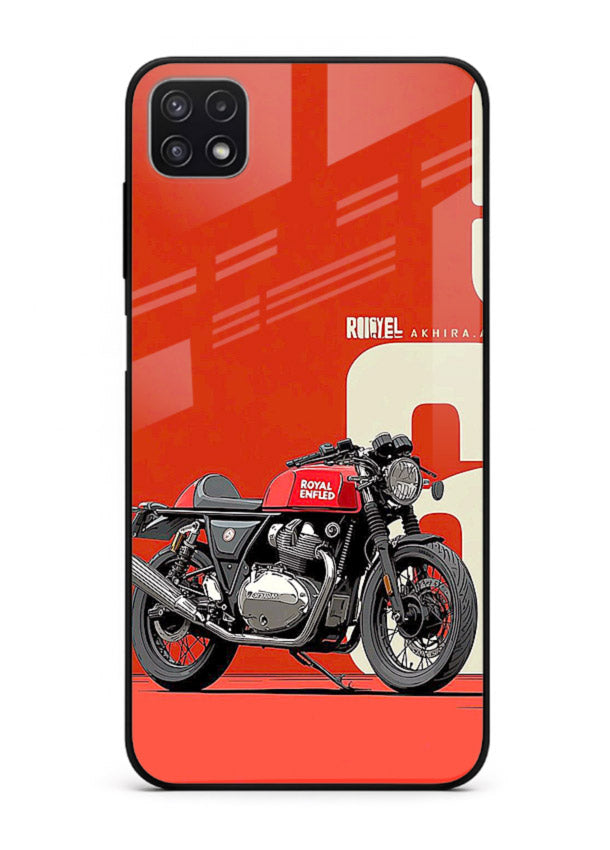 Red retro motorcycle artwork on glossy tempered glass Samsung F42 5G back cover