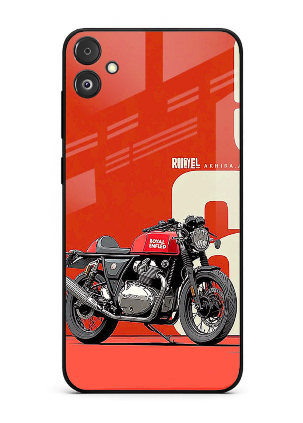 Red retro motorcycle artwork on glossy tempered glass Samsung F05 5G back cover