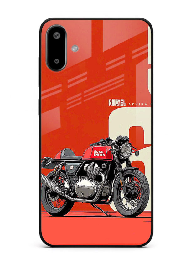 Red retro motorcycle artwork on glossy tempered glass Samsung F06 5G back cover