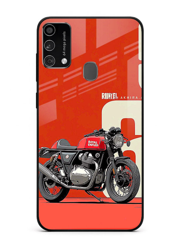 Red retro motorcycle artwork on glossy tempered glass Samsung F41 back cover