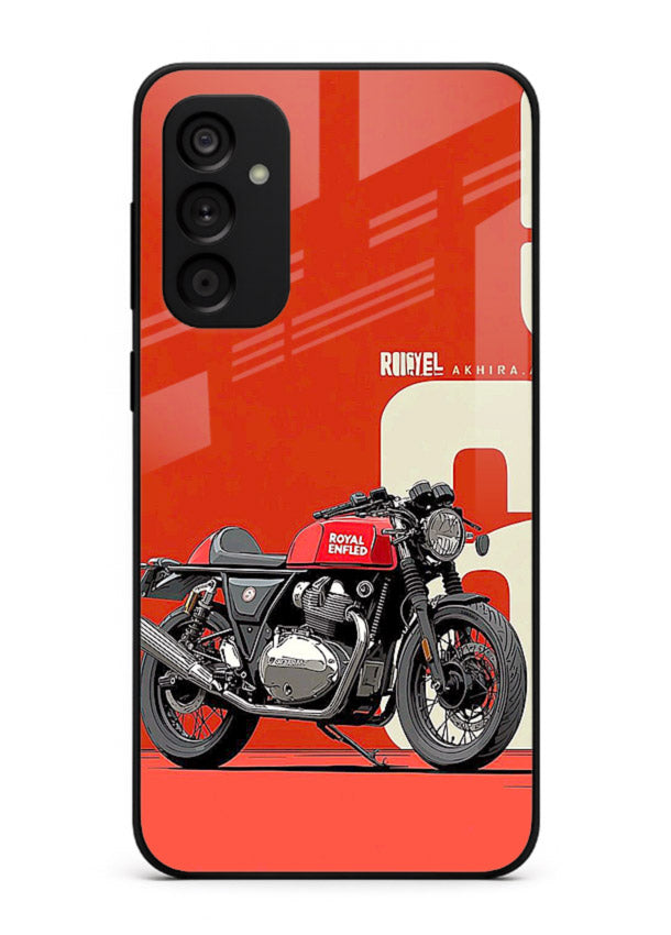 Red retro motorcycle artwork on glossy tempered glass Samsung F34 5G back cover