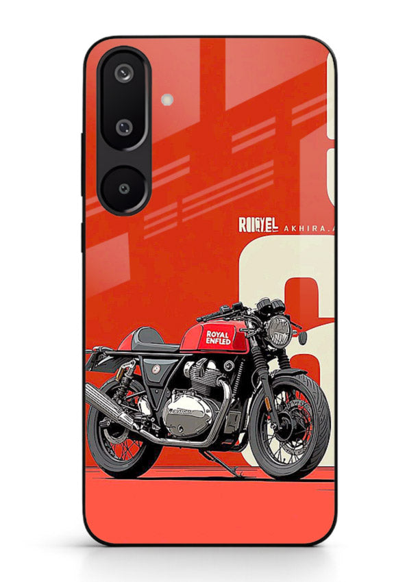 Red retro motorcycle artwork on glossy tempered glass Samsung F16 5G back cover