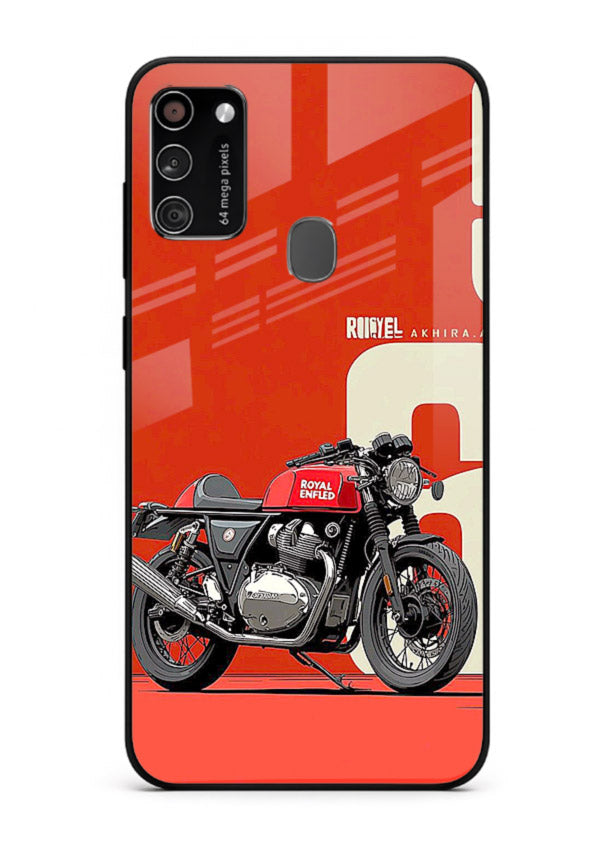 Red retro motorcycle artwork on glossy tempered glass Samsung M21 back cover