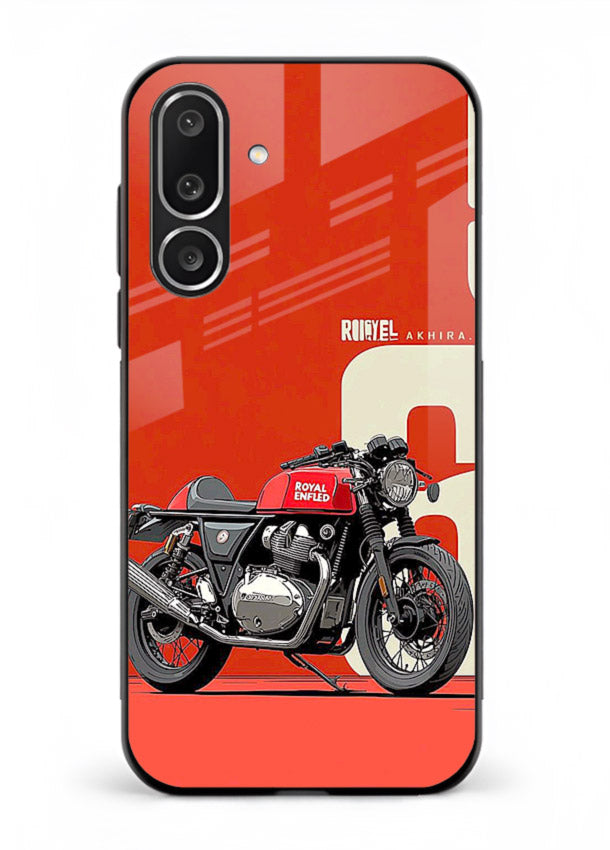 Red retro motorcycle artwork on glossy tempered glass Samsung F56 5G back cover
