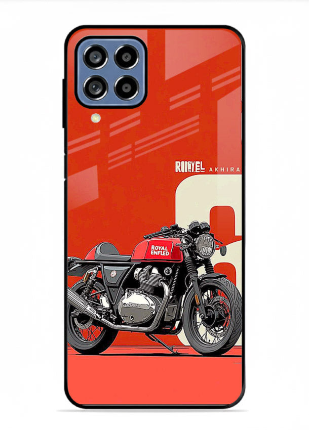 Red retro motorcycle artwork on glossy tempered glass Samsung F12 5G back cover