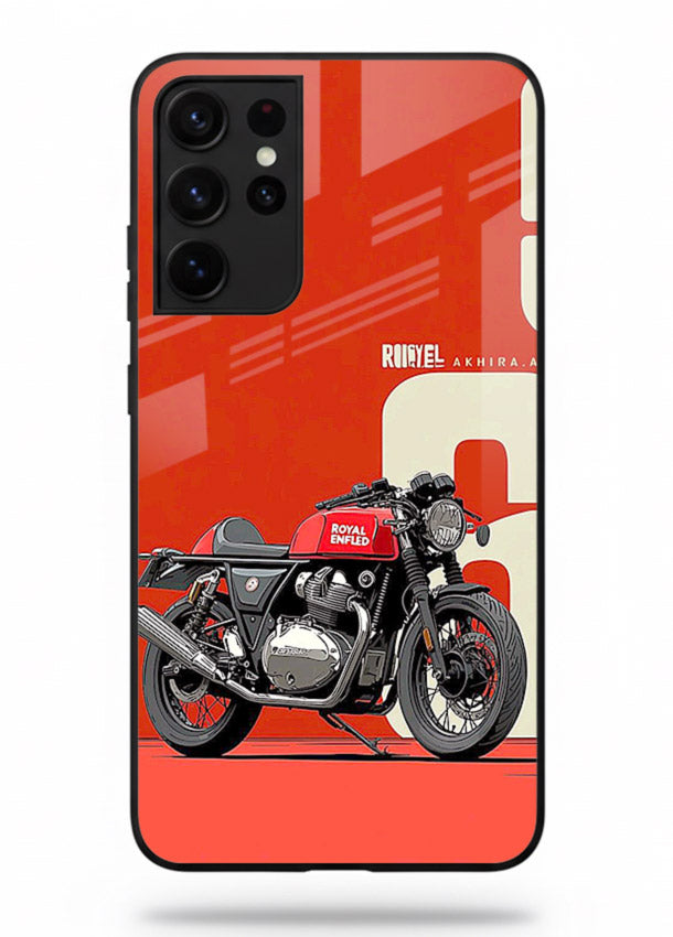 Red retro motorcycle artwork on glossy tempered glass Samsung S21 Ultra back cover