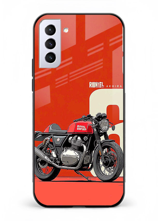 Red retro motorcycle artwork on glossy tempered glass Samsung S21 Plus back cover