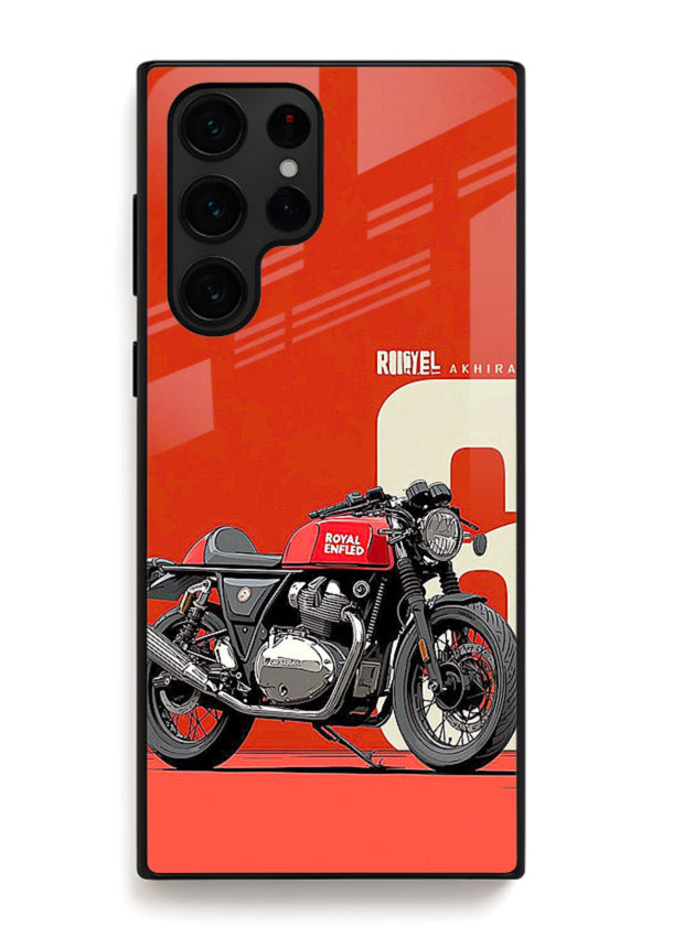 Red retro motorcycle artwork on glossy tempered glass Samsung S24 Ultra back cover