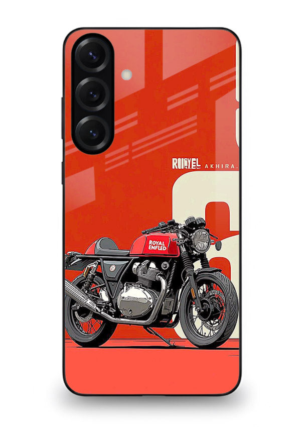 Red retro motorcycle artwork on glossy tempered glass Samsung A16 5G back cover