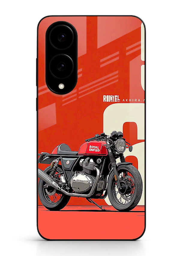 Red retro motorcycle artwork on glossy tempered glass Samsung S25 Edge back cover