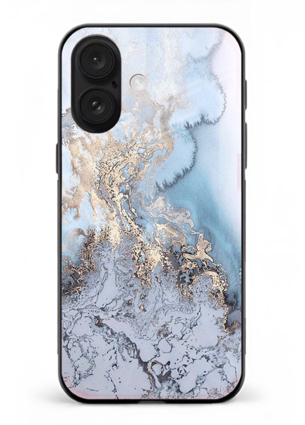 Molten Gold Shards iphone 16 plus glass back cover with cracked marble and gold shard texture