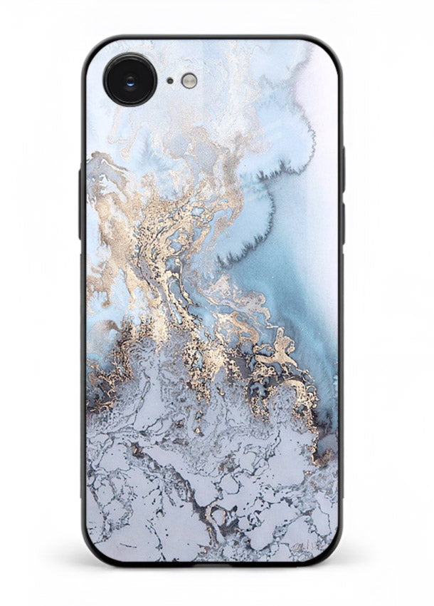 Molten Gold Shards iphone 16e glass back cover with cracked marble and gold shard texture