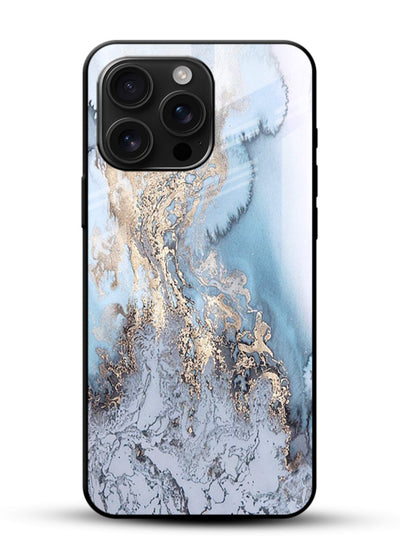Molten Gold Shards glossy vibrant premium glass back cover with cracked marble and gold shard texture - Angle Front