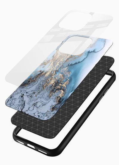 Molten Gold Shards glossy vibrant premium glass back cover with cracked marble and gold shard texture - Angle Layers