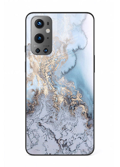 Molten Gold Shards OnePlus 9 glass back cover with cracked marble and gold shard texture