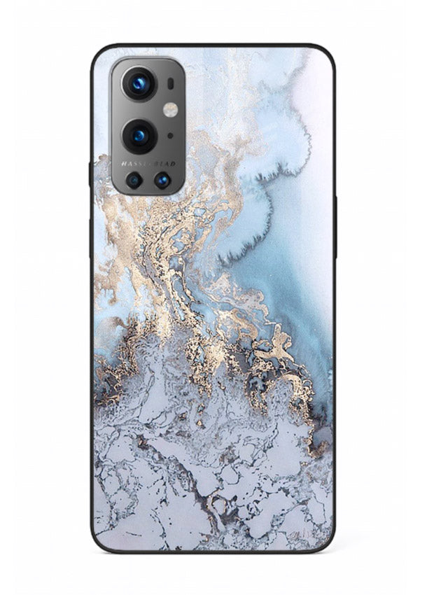 Molten Gold Shards OnePlus 9 glass back cover with cracked marble and gold shard texture