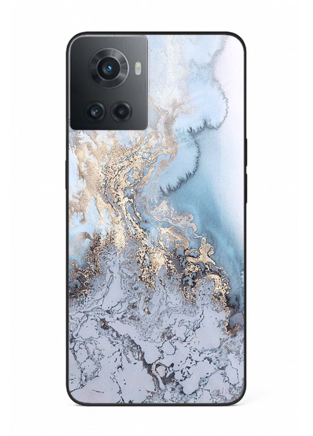 Molten Gold Shards OnePlus 10R glass back cover with cracked marble and gold shard texture