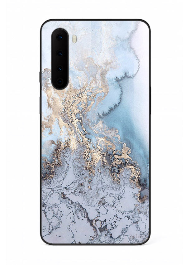 Molten Gold Shards OnePlus Nord glass back cover with cracked marble and gold shard texture