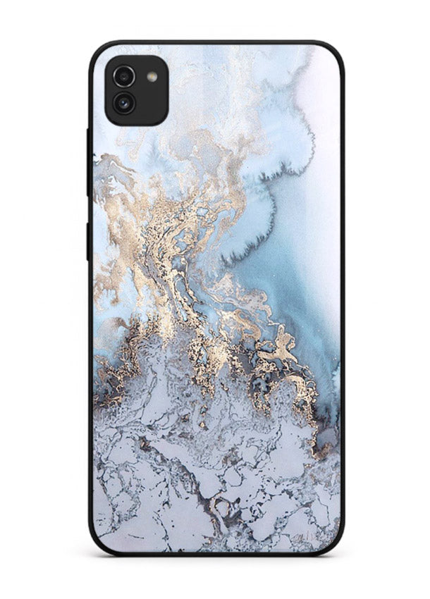 Molten Gold Shards Samsung A03 glass back cover with cracked marble and gold shard texture