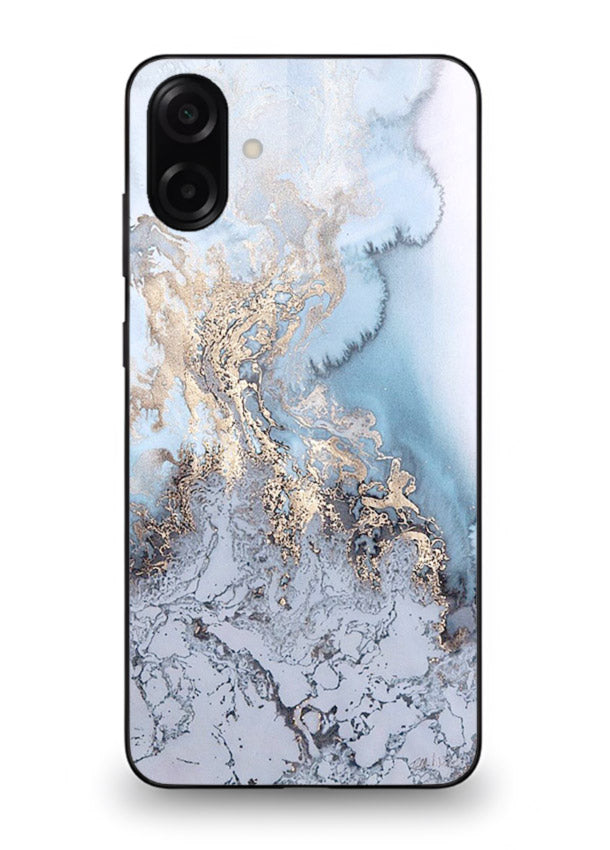 Molten Gold Shards Samsung M13 5G glass back cover with cracked marble and gold shard texture