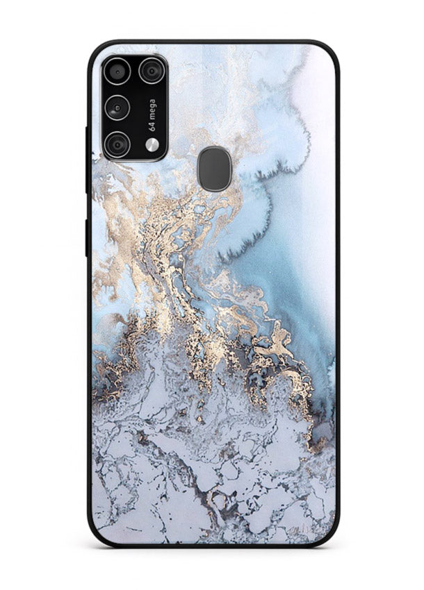 Molten Gold Shards Samsung M31 Prime glass back cover with cracked marble and gold shard texture