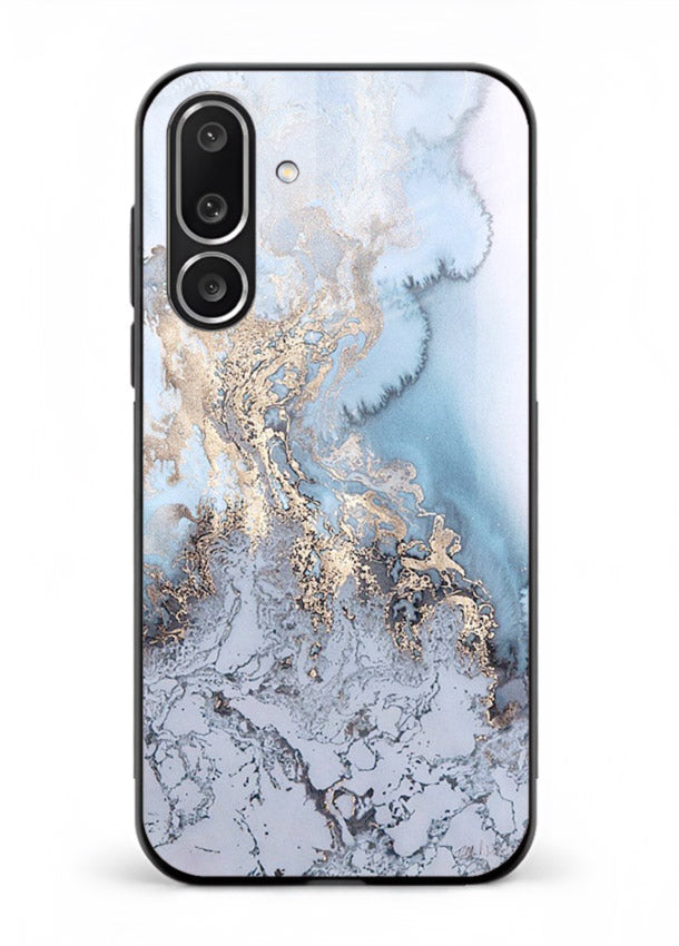 Molten Gold Shards Samsung F56 5G glass back cover with cracked marble and gold shard texture