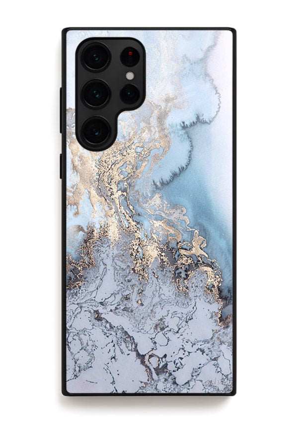 Molten Gold Shards Samsung S25 Ultra glass back cover with cracked marble and gold shard texture