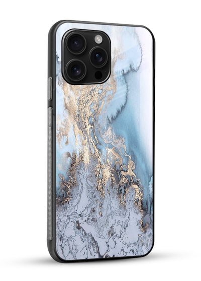 Molten Gold Shards glossy vibrant premium glass back cover with cracked marble and gold shard texture - Angle Side