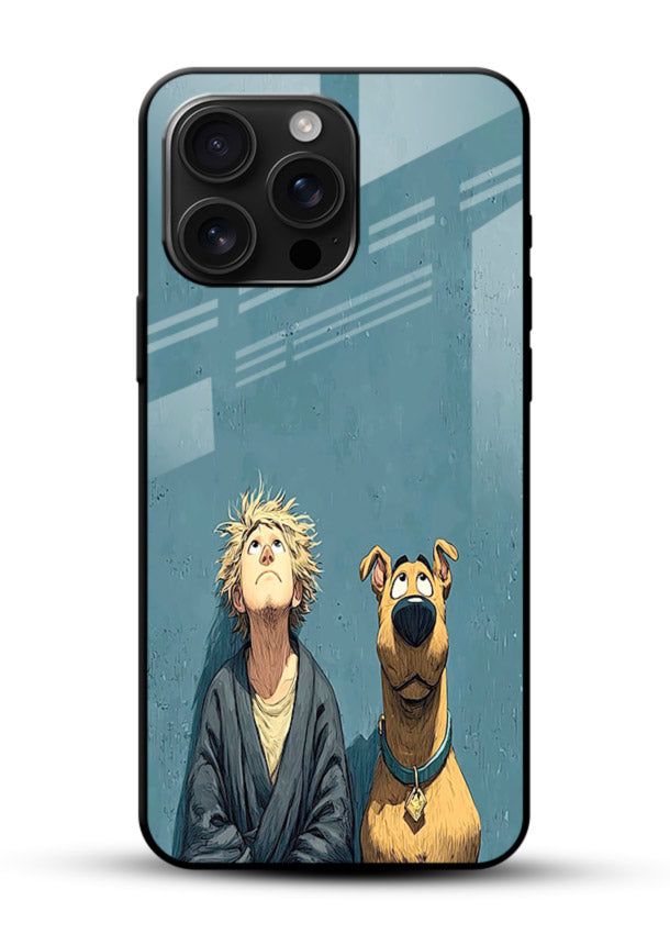 monk and dog aesthetic art glossy vibrant premium glass cover peaceful calm scenery case - Angle Front