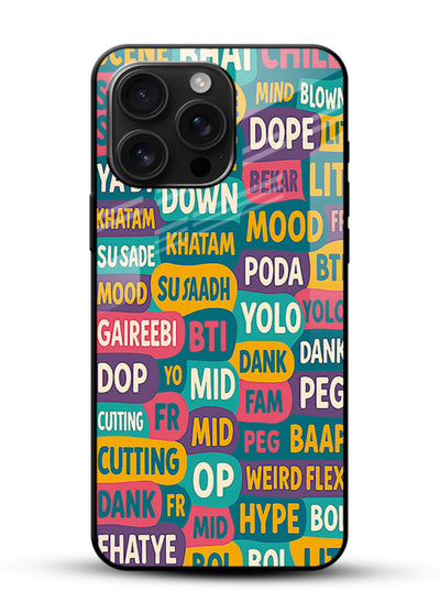 Mood Words Collage aesthetic typography artwork glossy vibrant premium glass back cover - Angle Front