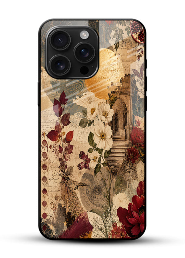 Moonlit floral collage glass back cover with red flowers and vintage moon design - 1