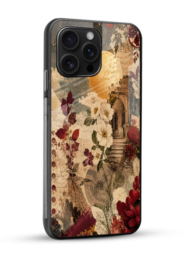 Moonlit floral collage glass back cover with red flowers and vintage moon design - 2