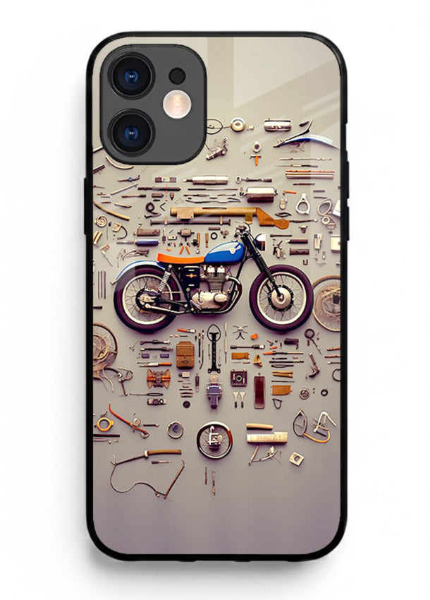 Exploded motorcycle parts arranged in detailed artistic layout for iPhone 12 Back Cover