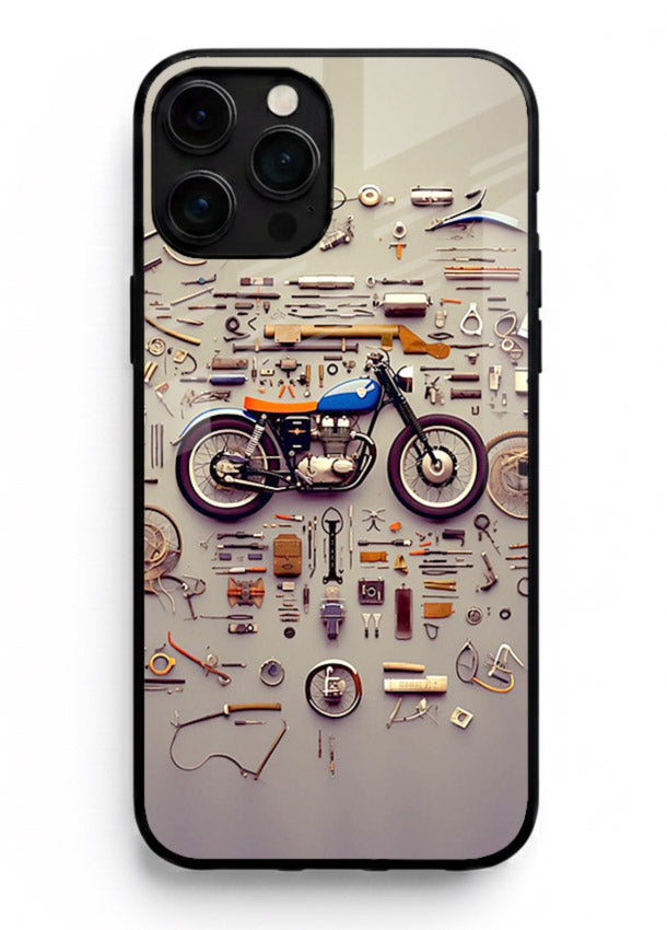 Exploded motorcycle parts arranged in detailed artistic layout for iPhone 11 Pro Max Back Cover