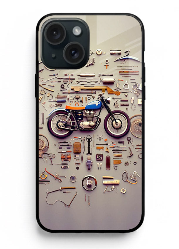 Exploded motorcycle parts arranged in detailed artistic layout for iPhone 14 Back Cover