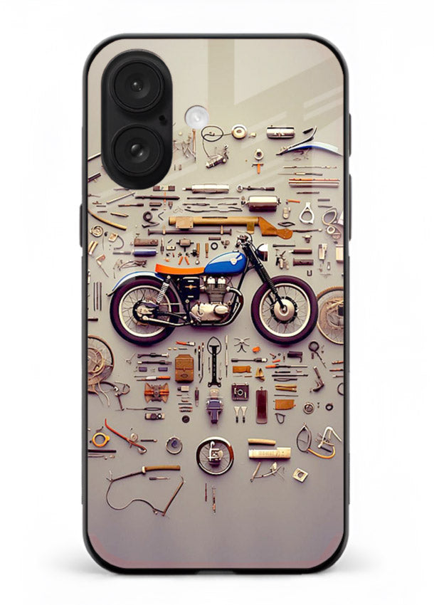 Exploded motorcycle parts arranged in detailed artistic layout for iPhone 16 Plus Back Cover