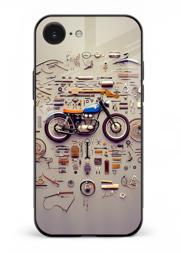 Exploded motorcycle parts arranged in detailed artistic layout for iPhone 16E Back Cover