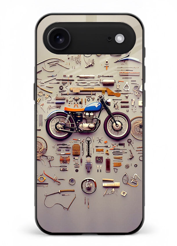 Exploded motorcycle parts arranged in detailed artistic layout for iPhone 17 Air Back Cover
