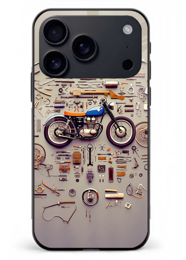 Exploded motorcycle parts arranged in detailed artistic layout for iPhone 18 Pro Max Back Cover