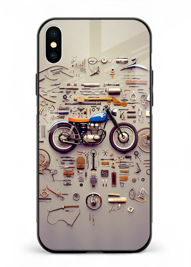 Exploded motorcycle parts arranged in detailed artistic layout for iPhone XS Max Back Cover
