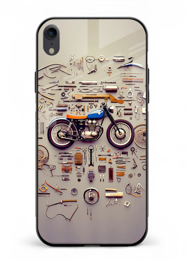 Exploded motorcycle parts arranged in detailed artistic layout for iPhone XR Back Cover