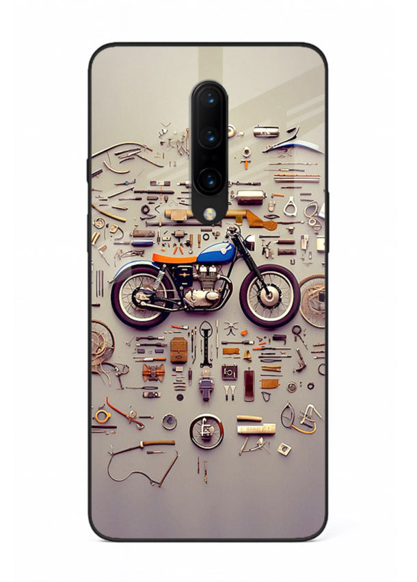 Exploded motorcycle parts arranged in detailed artistic layout for OnePlus 8 Back Cover