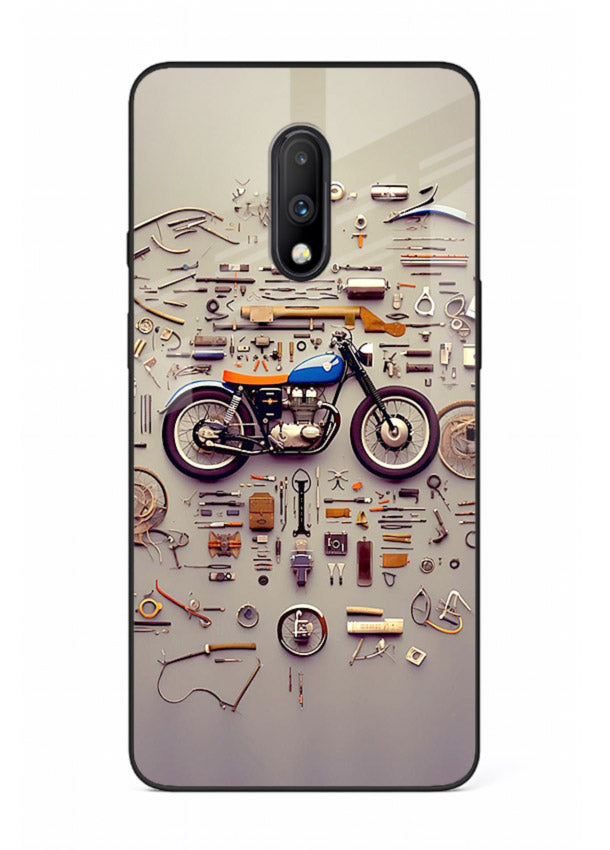 Exploded motorcycle parts arranged in detailed artistic layout for OnePlus 7 Back Cover