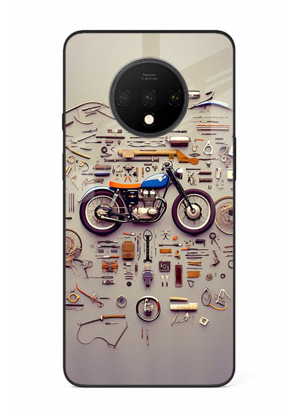 Exploded motorcycle parts arranged in detailed artistic layout for OnePlus 7T Back Cover